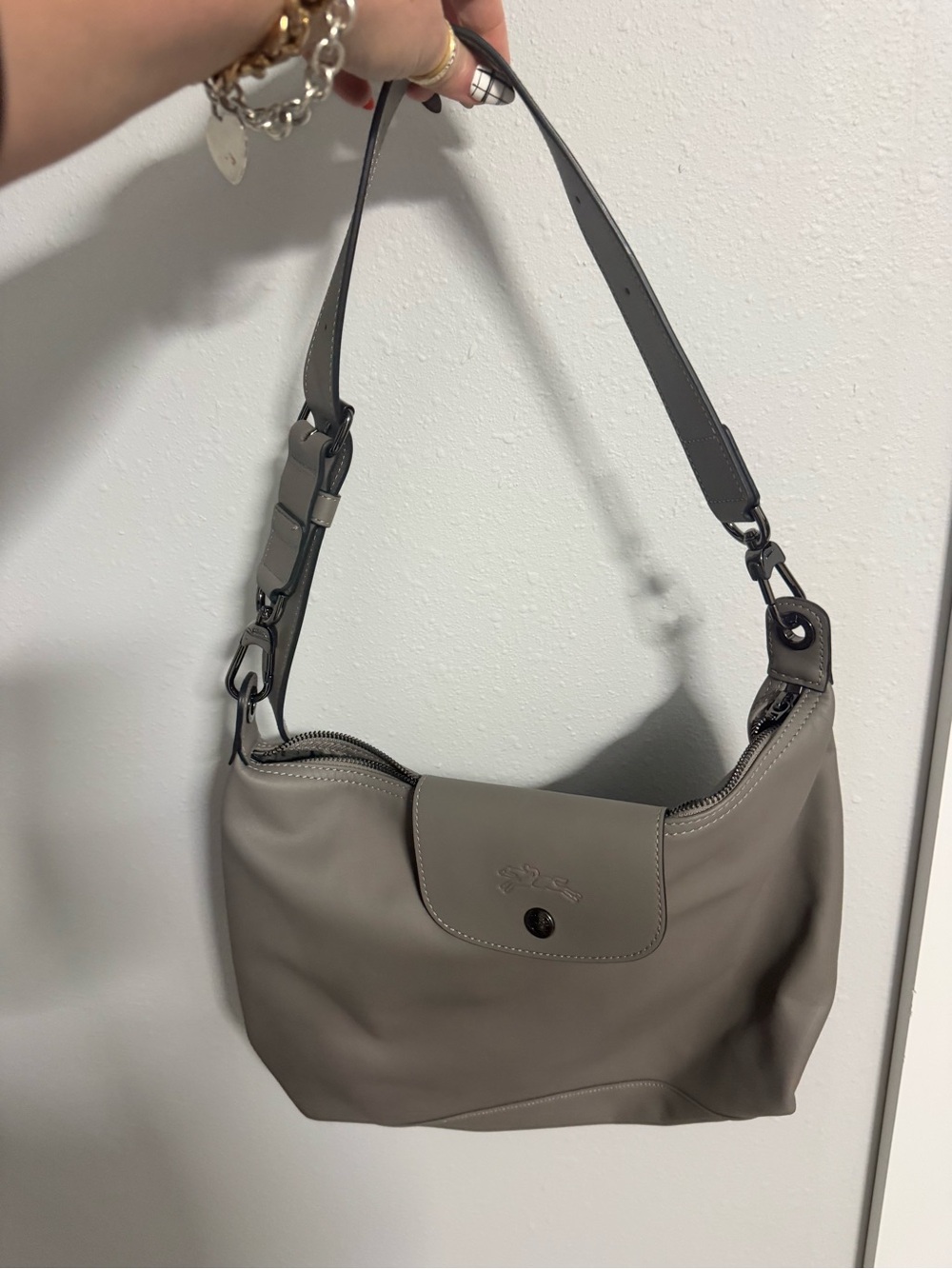 Longchamp Grey Shoulder Bag with Adjustable Strap